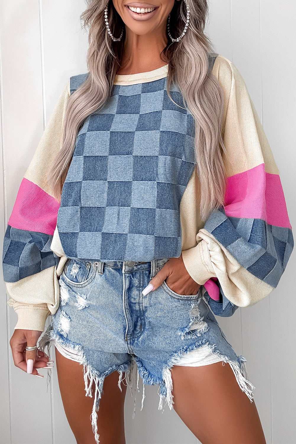 Checkered Denim Patchwork Sweatshirt FB