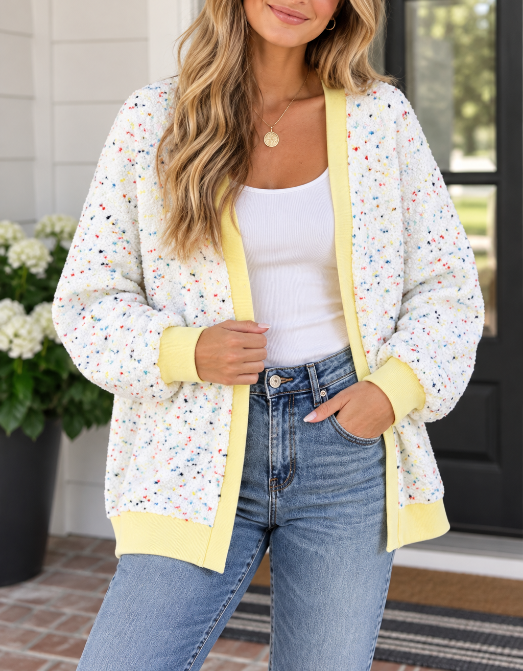 White Abstract Casual Cardigan