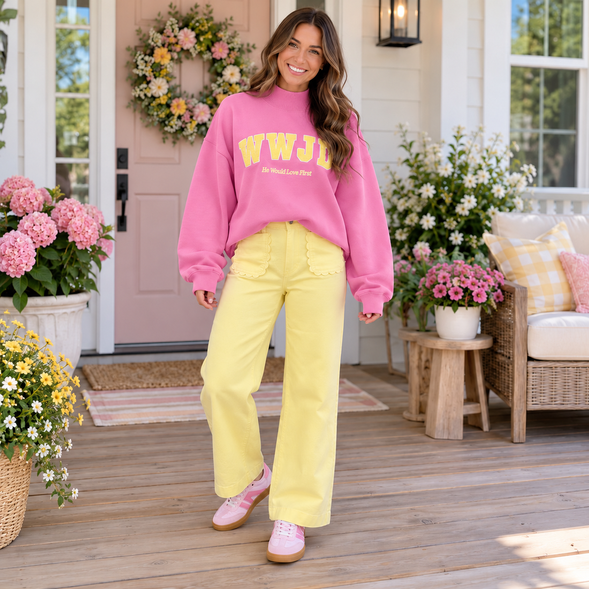 Pink WWJD Embroidered Mock Sweatshirt