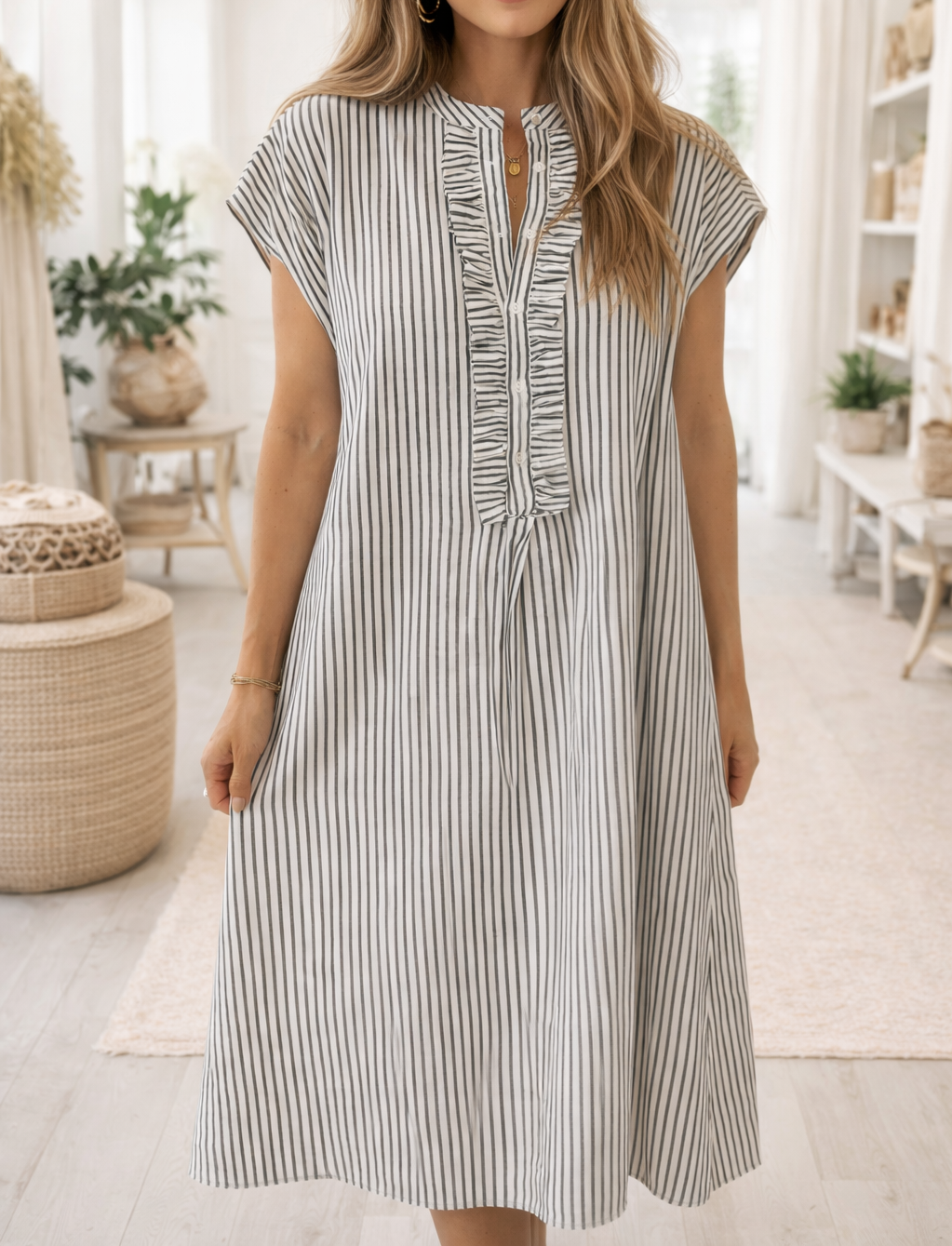 Black Stripe Frilled Dress RTS