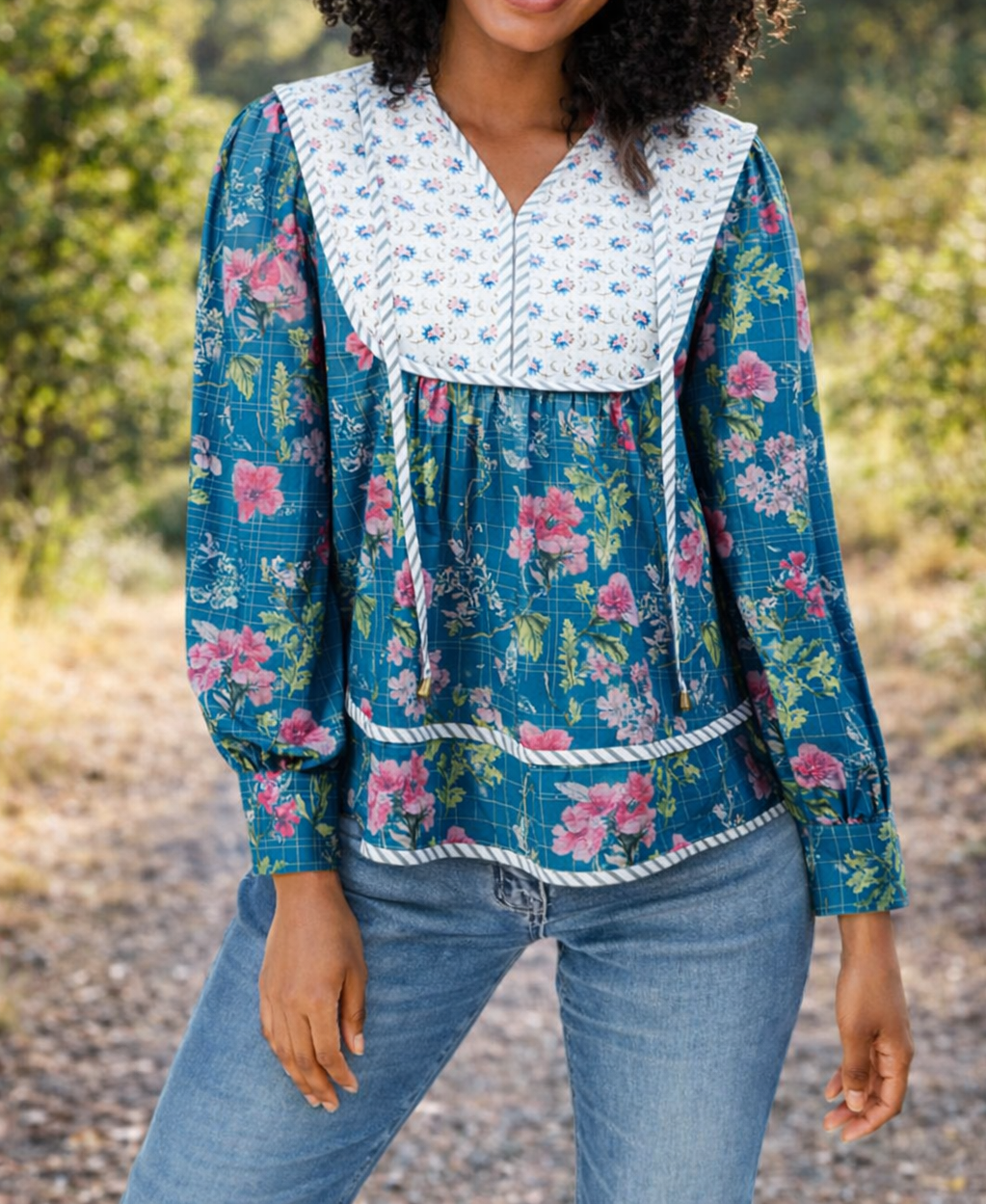 Blue Floral Patchwork Blouse LT