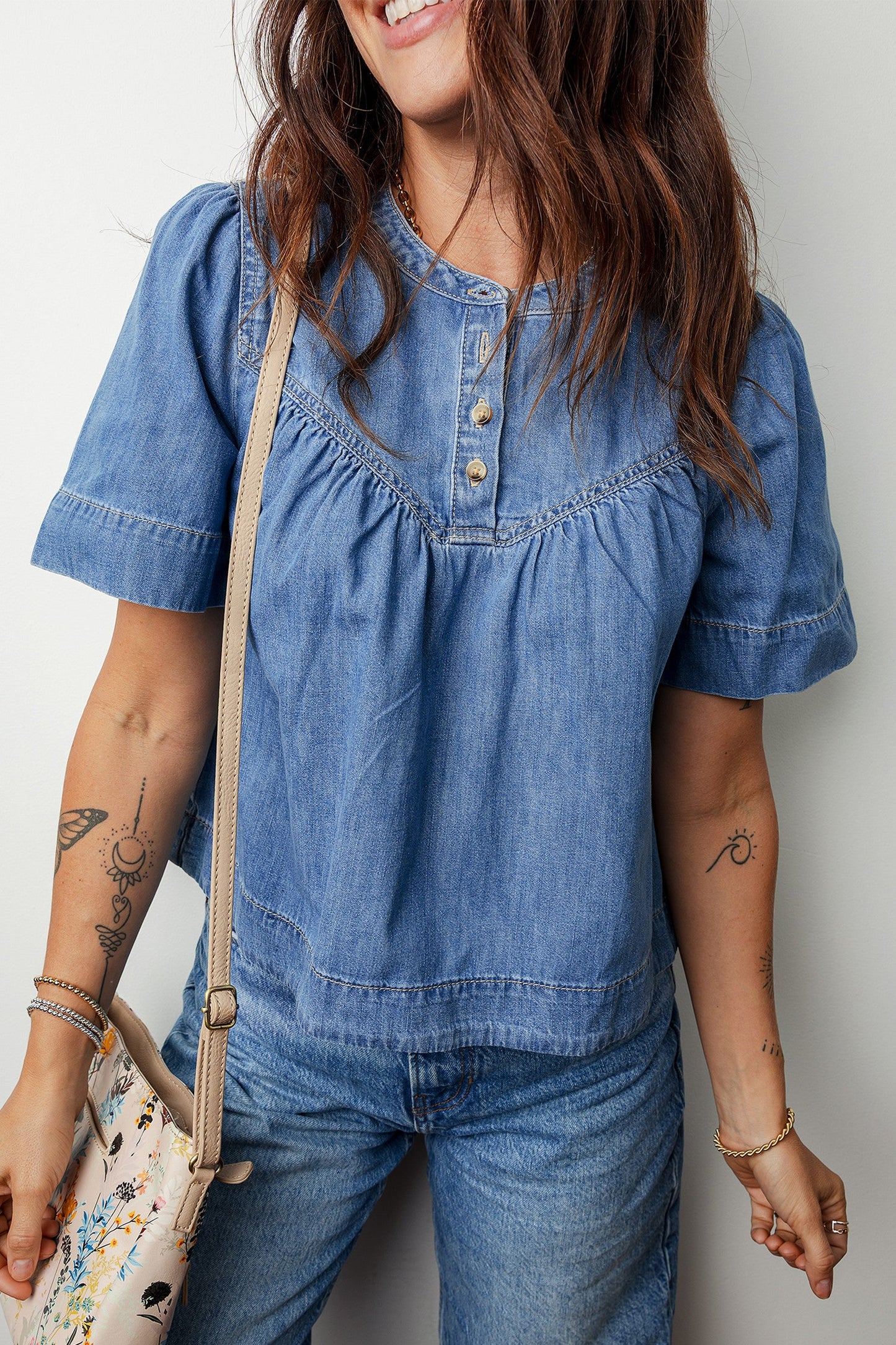 Blue Pleated Denim Top January.