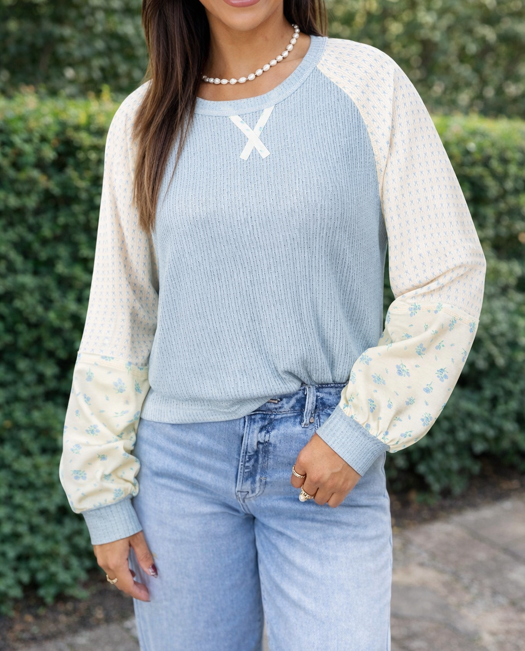 Blue Textured Floral Sleeve Top February.