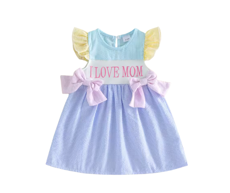 I Love Mom Seersucker Pastel Dress