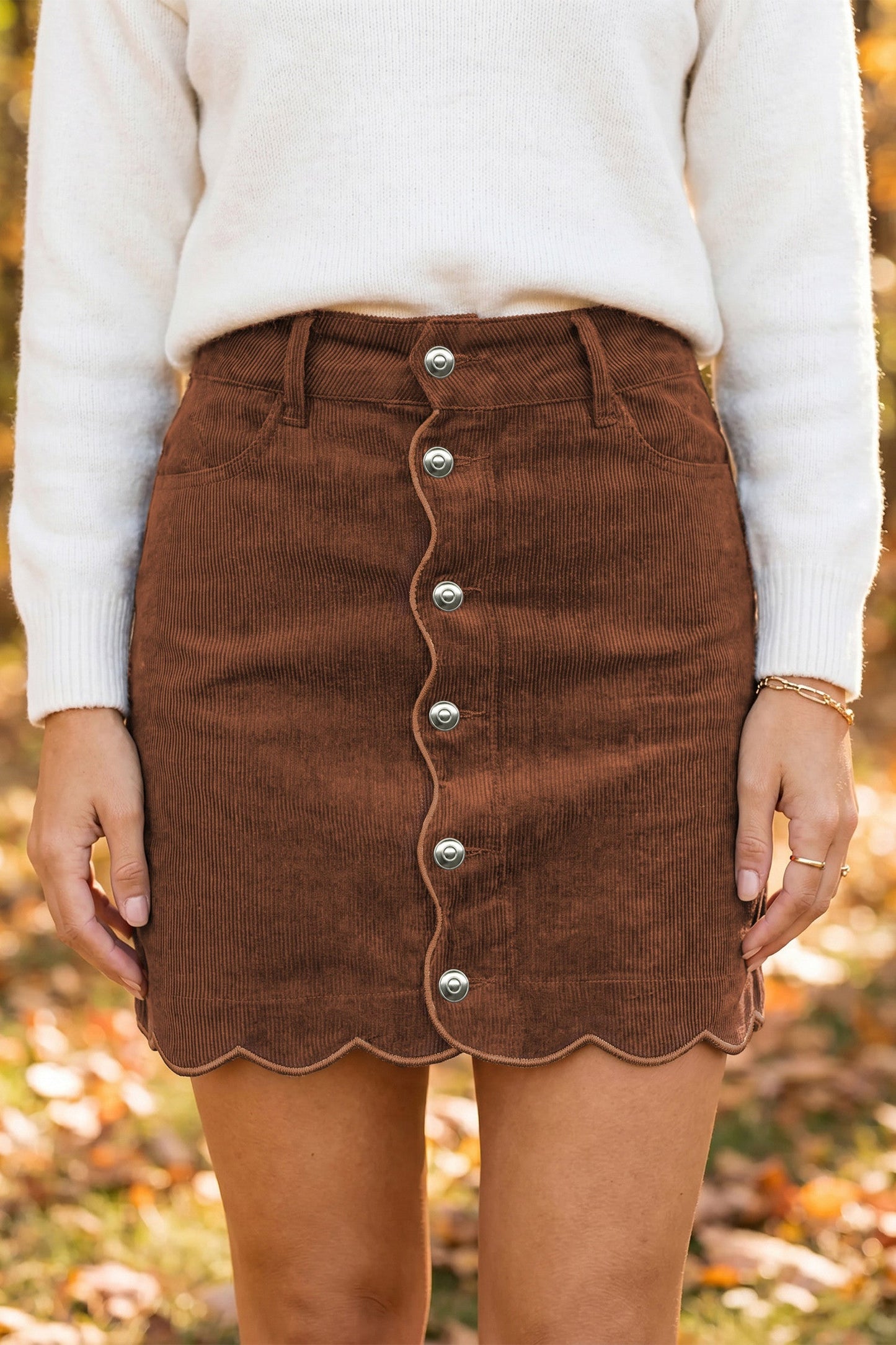 Coffee Button Corduroy Skirt