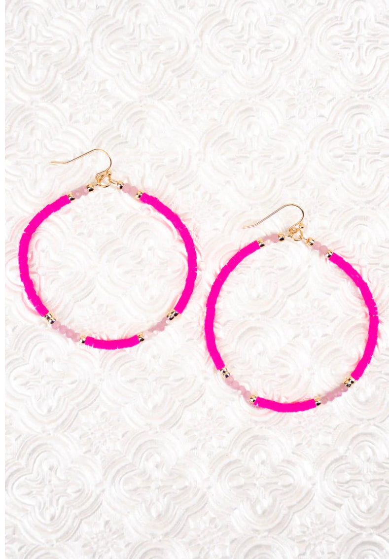 Hot pink beaded hoop earrings