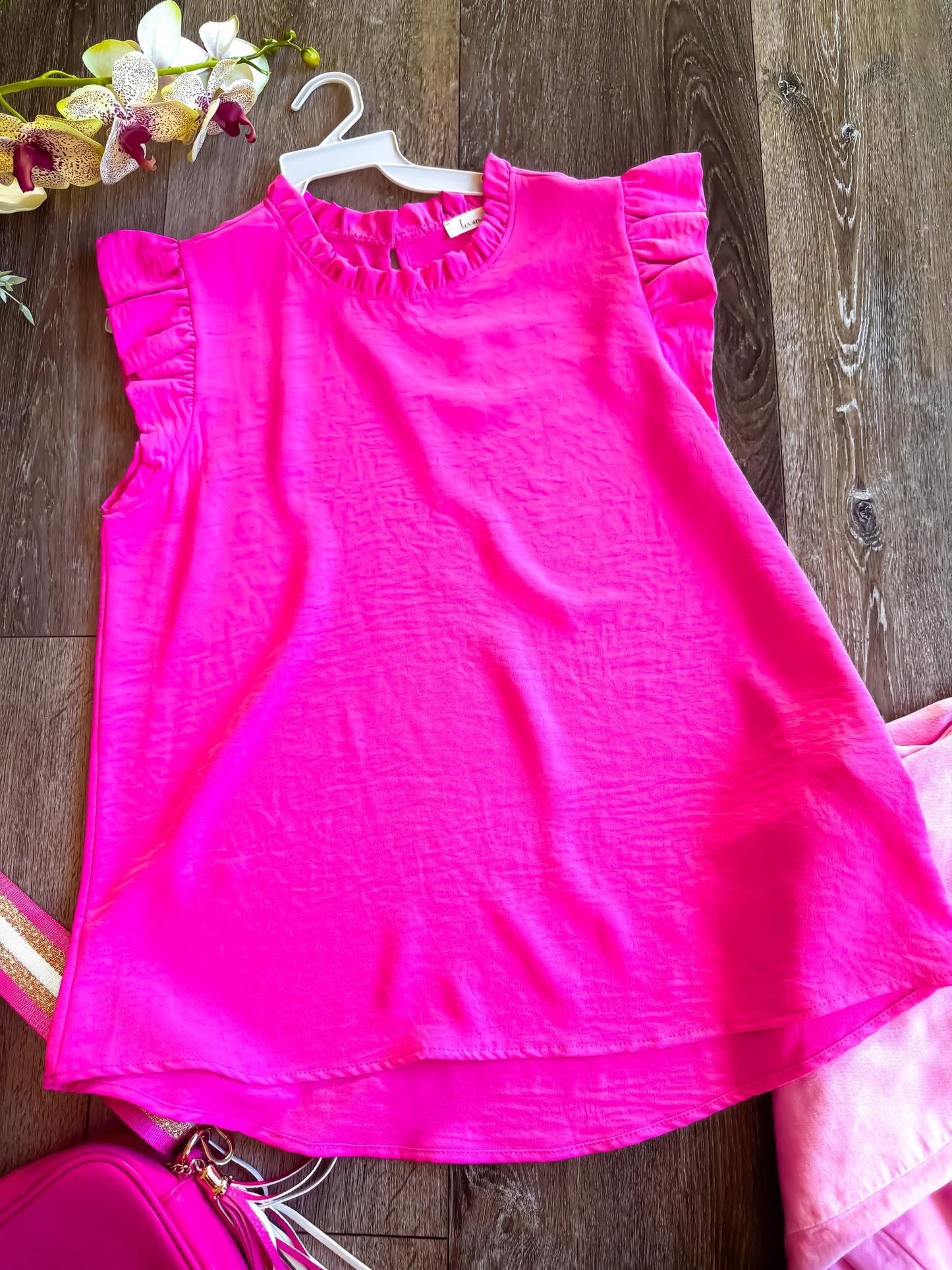 Les Amis Pink Ruffle Sleeveless Top