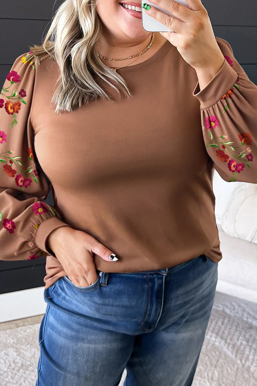 Brown Floral Plus Size Blouse