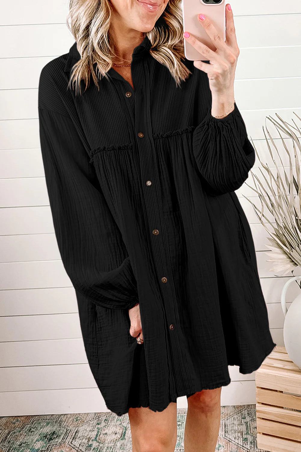 Black Crinkle Puff Dress