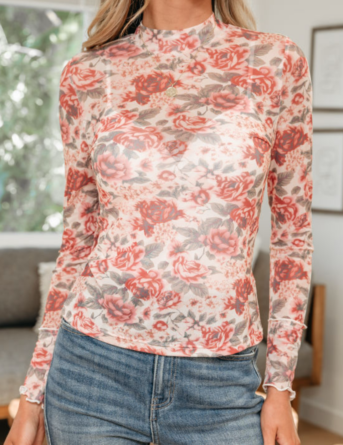 Retro Floral Mesh Top