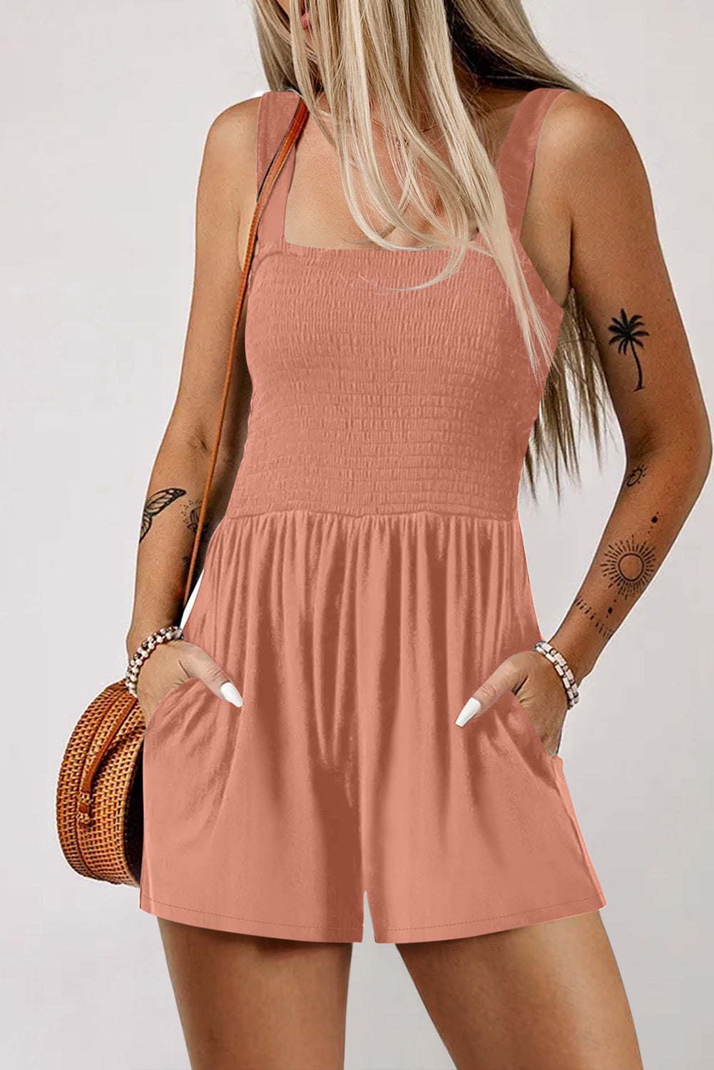 Apricot Pink Smocked Romper FB