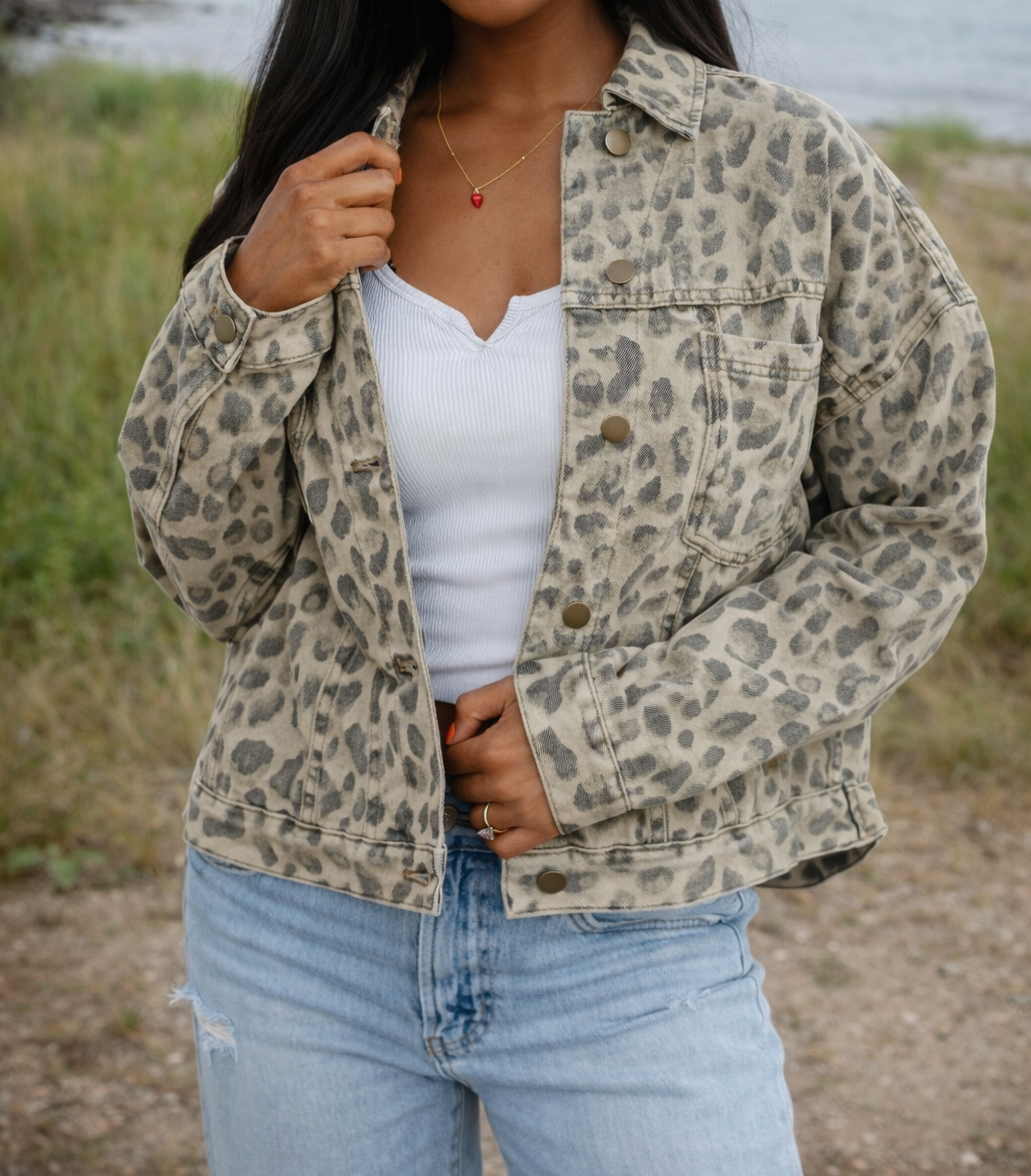 Khaki Retro Leopard Denim Jacket LT