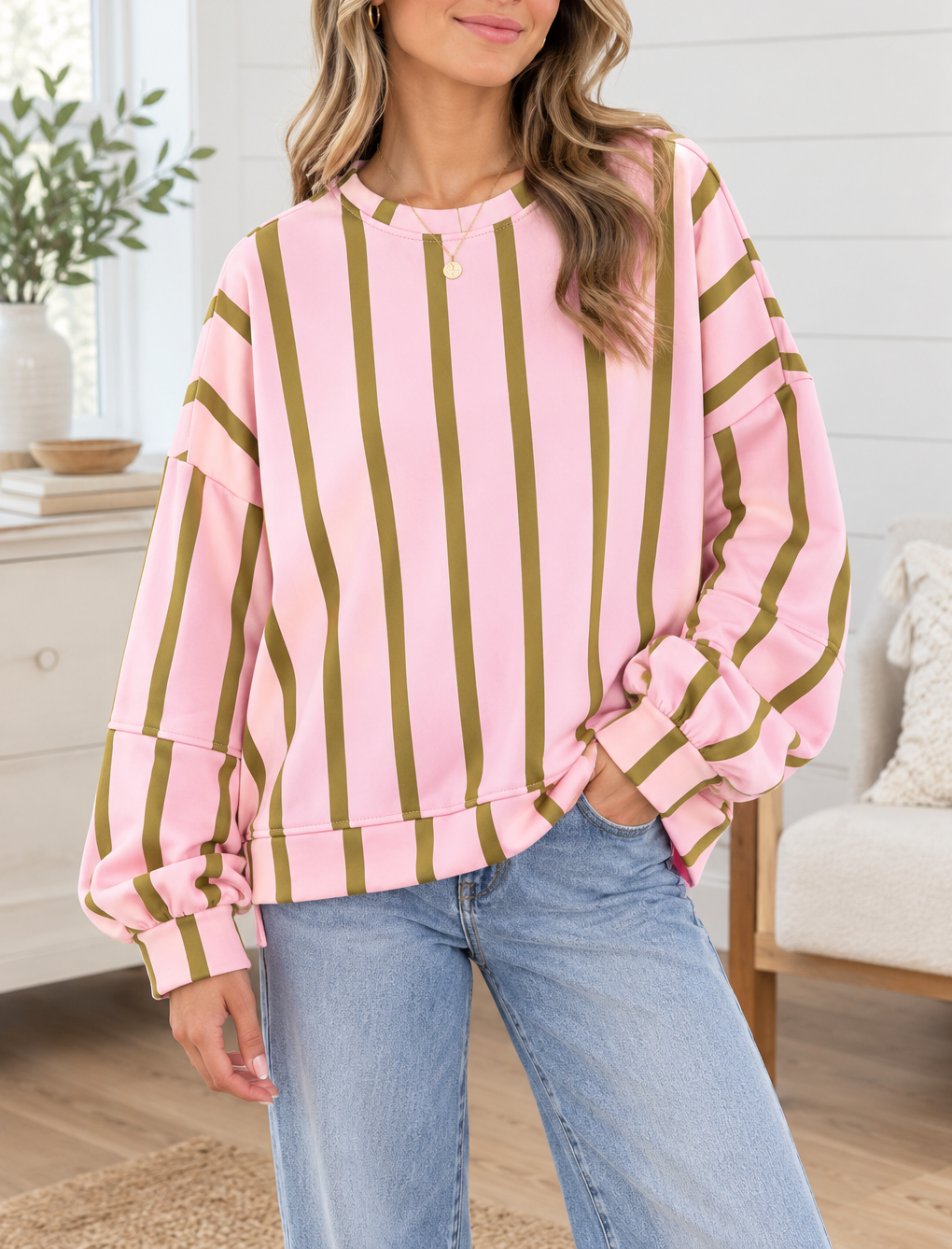 Pink Stripe Casual Sweatshirt