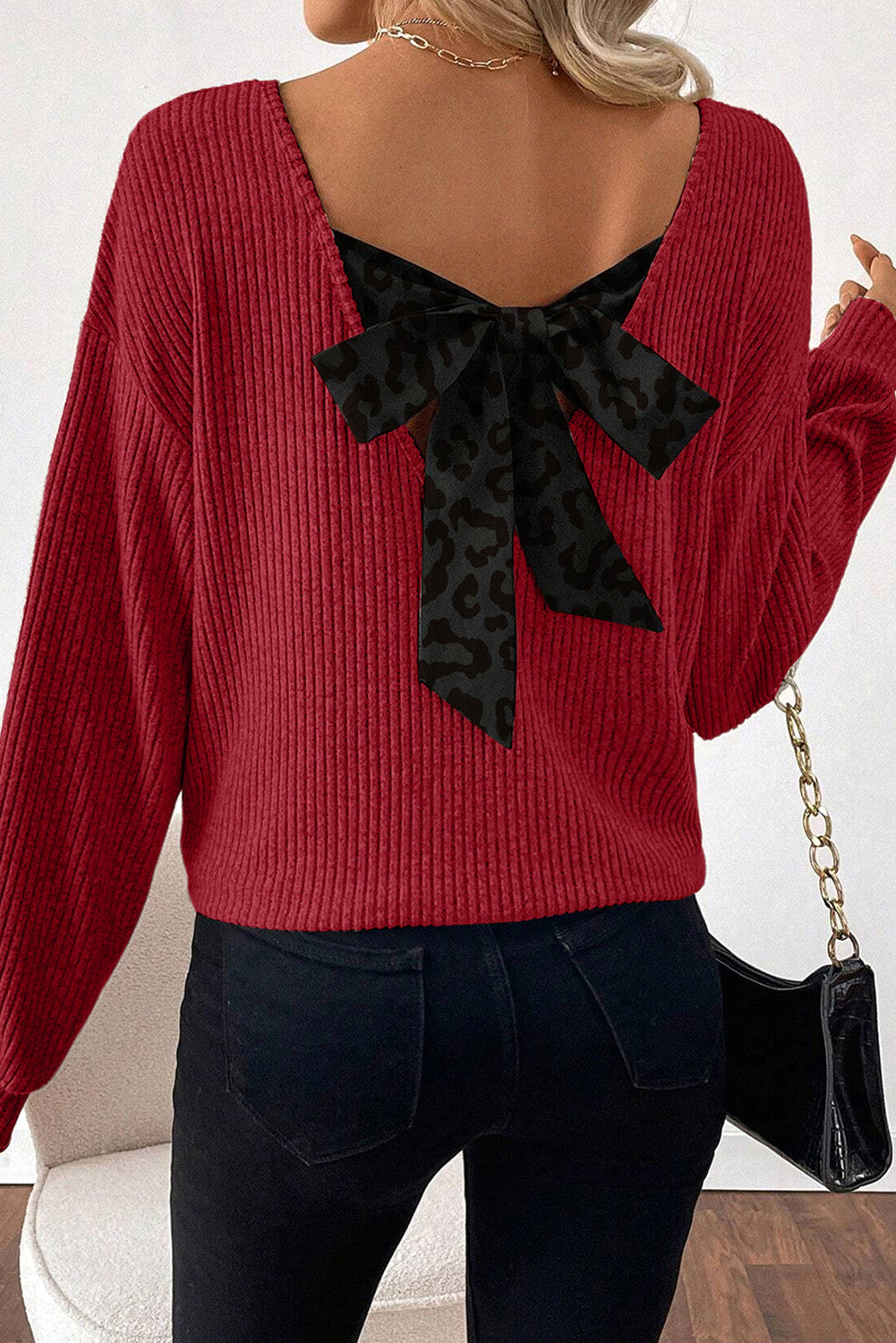 Red Ribbed V Neck Bow Back Top FB