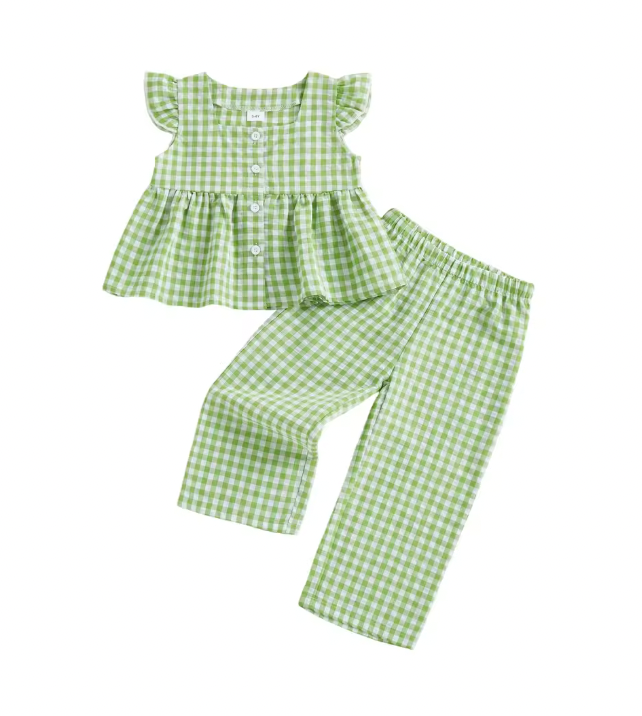 Green Gingham Ruffle Tank Pants Set
