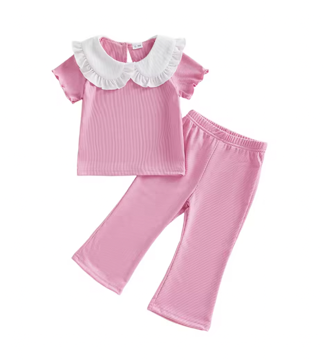 Pink Ribbed Solid White Collared Set