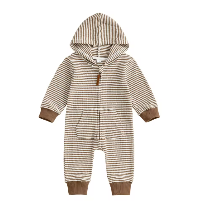 Tan Striped Waffle Knit Hooded Zip Jumper