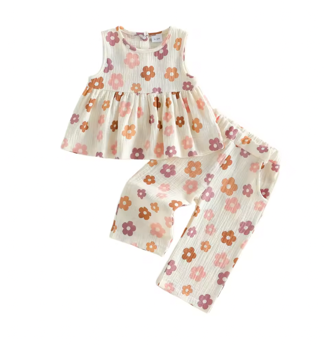 Neutral Floral Linen Flower Pant Set