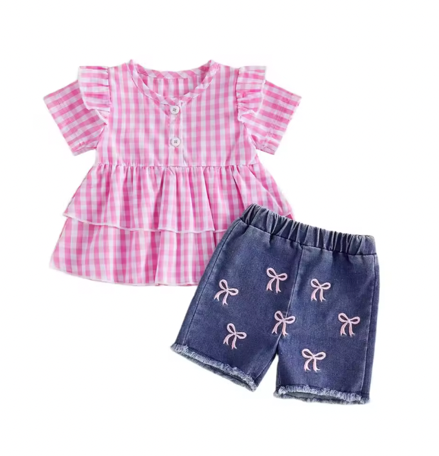 Pink Gingham Denim Bow Embroidered Short Set