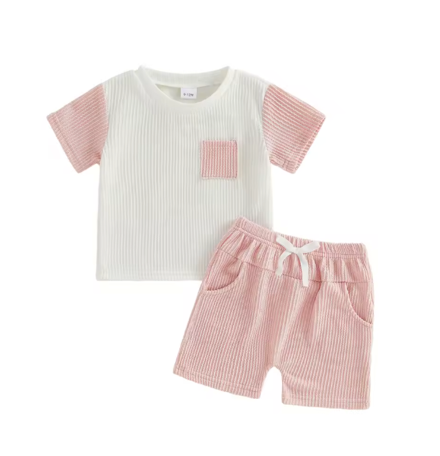 Ribbed Pink and White Colorblock Short Set