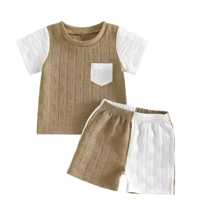 Textured Brown and White Colorblock Short Set