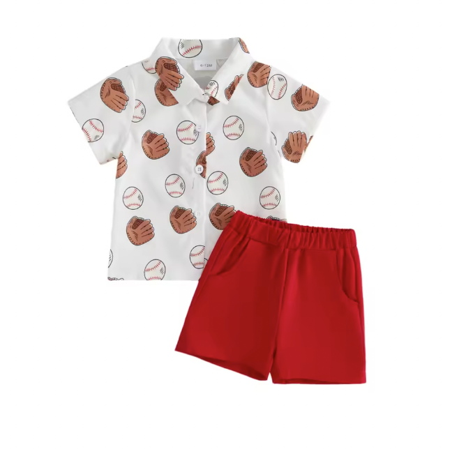 Red Baseball Collared Short Set