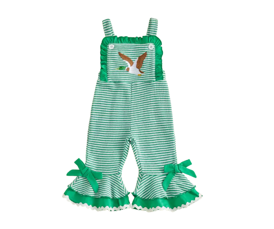 Green and White Waffle Knit Striped Mallard Bell Jumpsuit