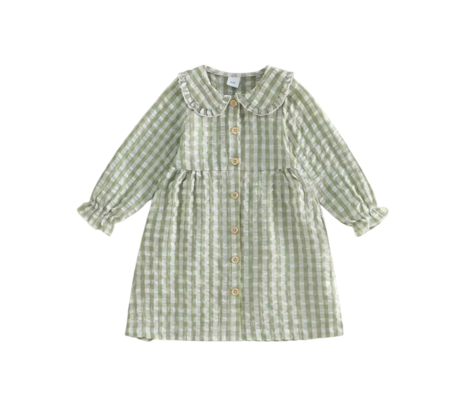 Sage Plaid Collared Bubble Sleeve Dress