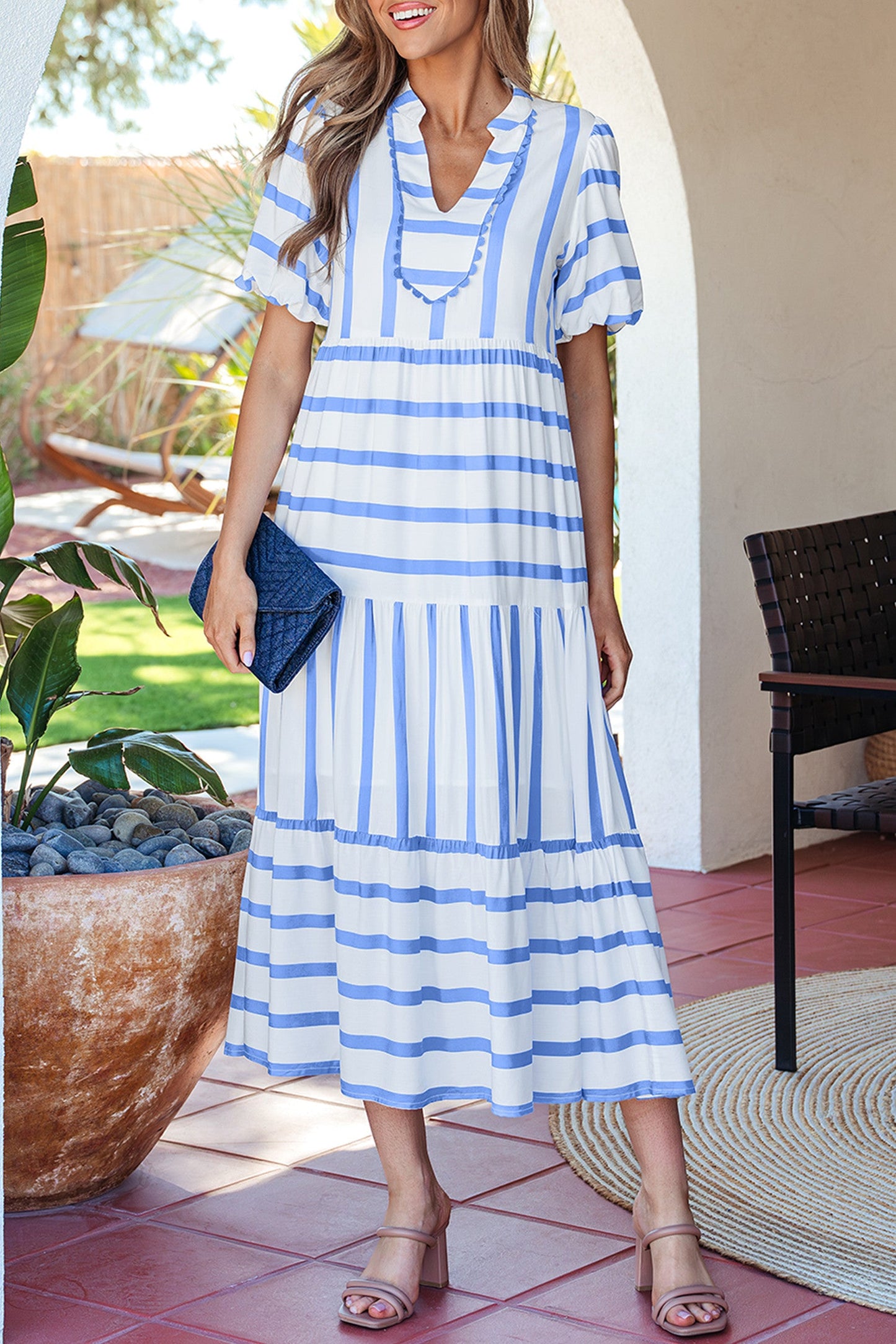 Stripe Ricrac Notched Dress