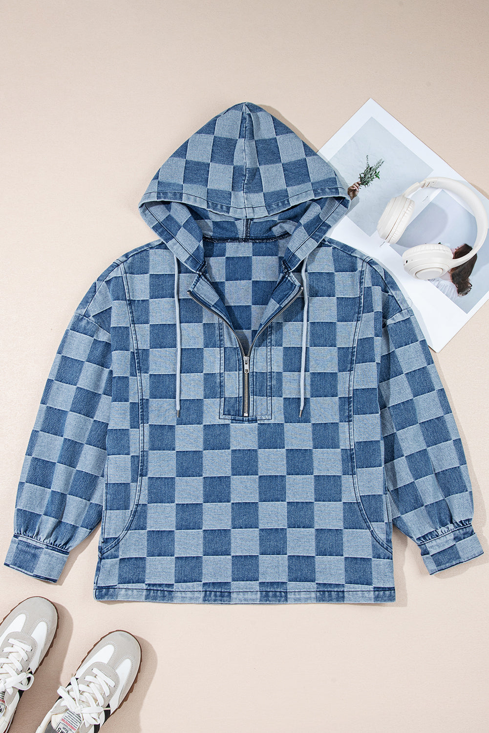 Blue Checkered Denim Hoodie FB
