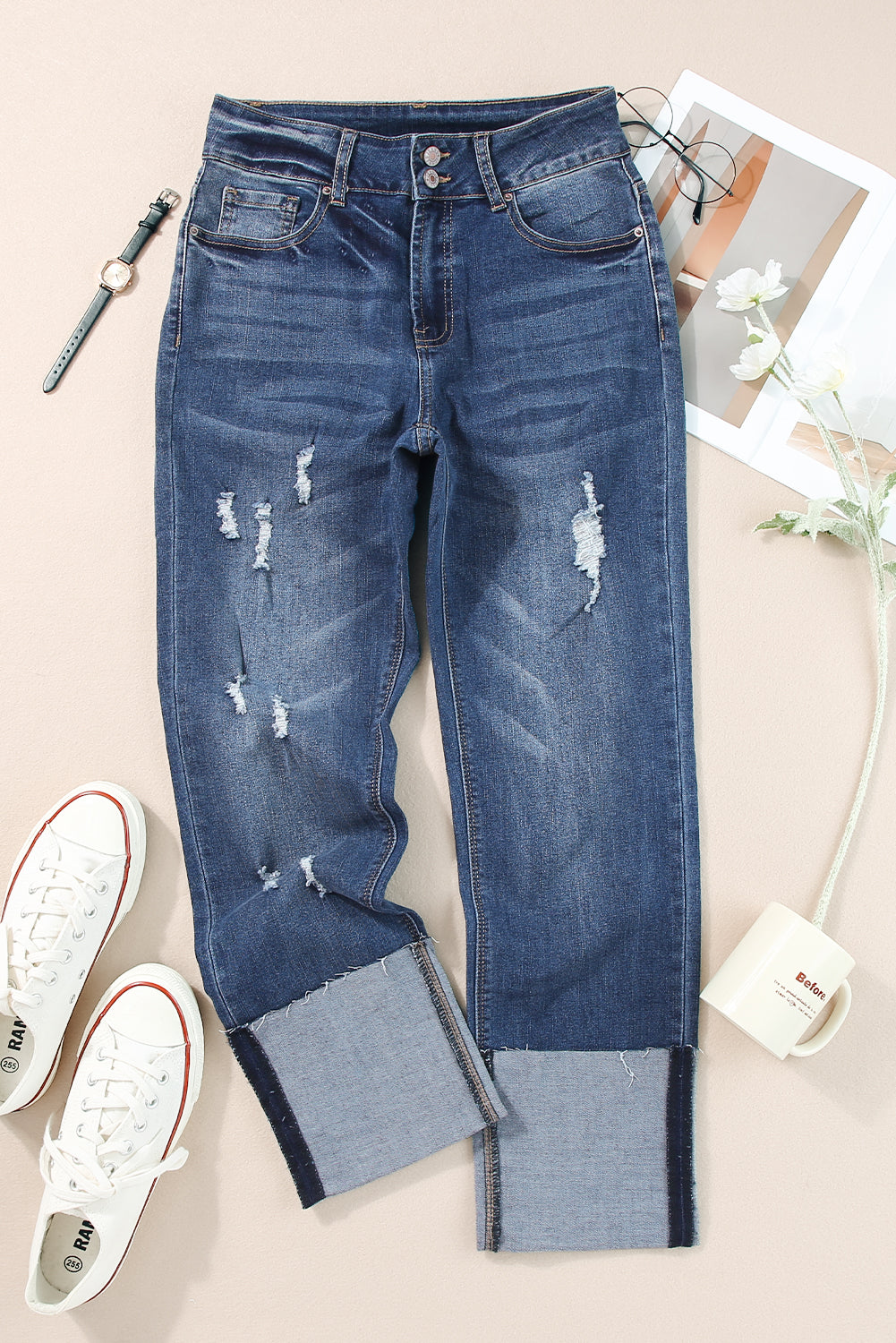 High Waist Straight Cuff Jeans LT