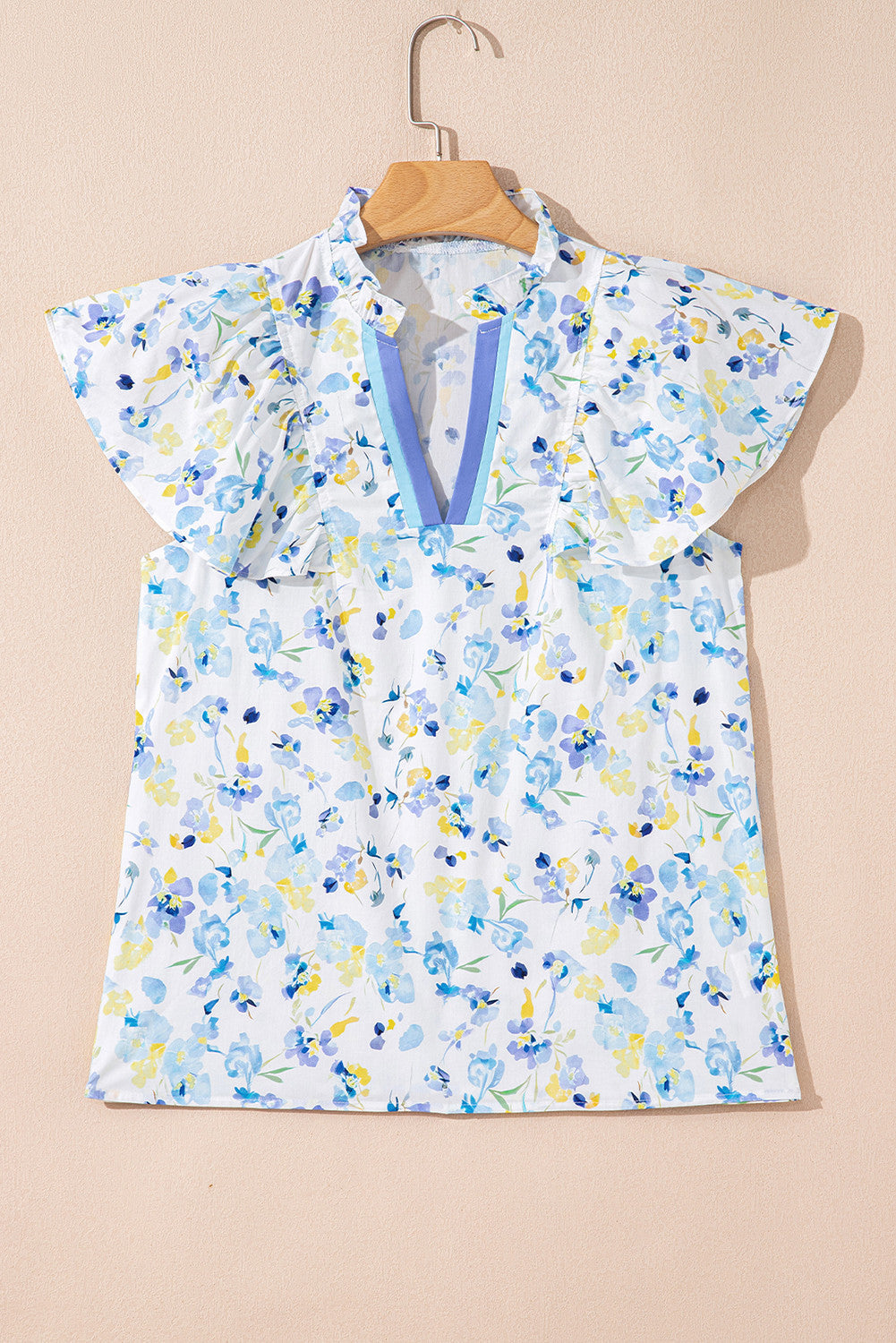 Blue Floral Frilled Blouse