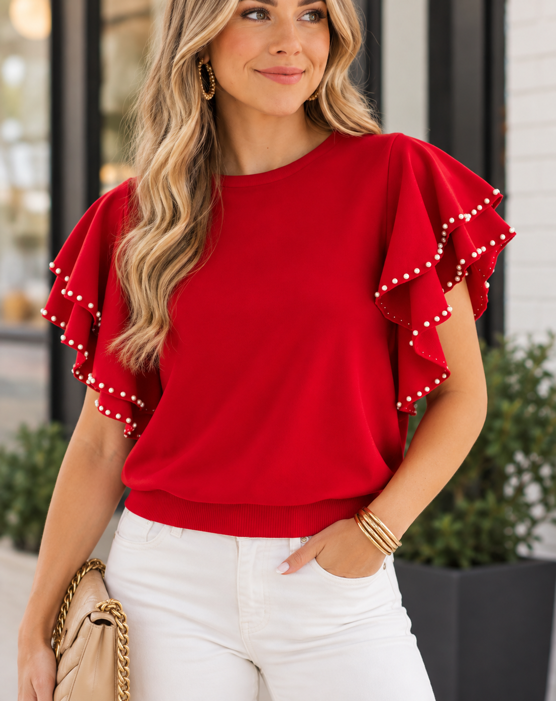Red Pearl Ruffled Sweater RTS