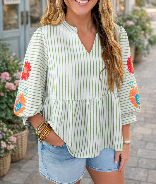 Green Stripe Flower Babydoll Blouse February.
