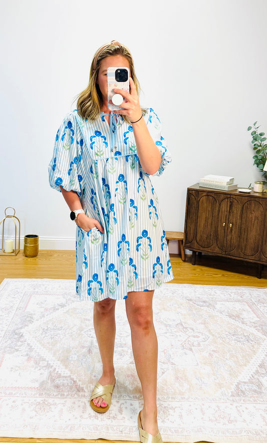 Blue Floral Striped Dress