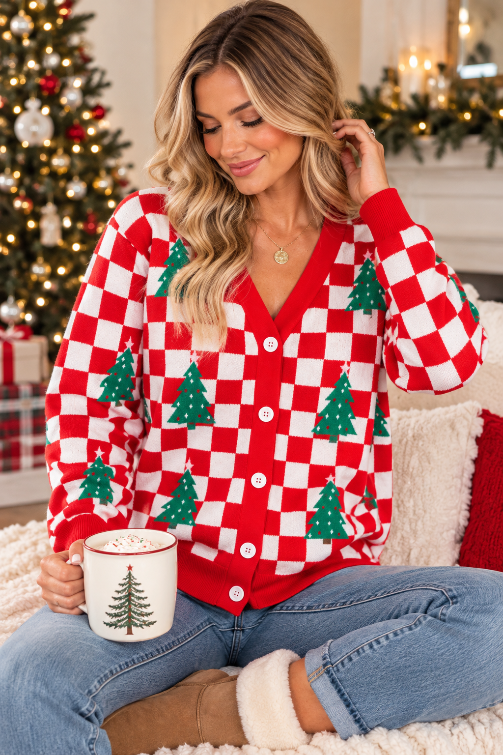 Red Checkered V Neck Cardigan Sweater RTS