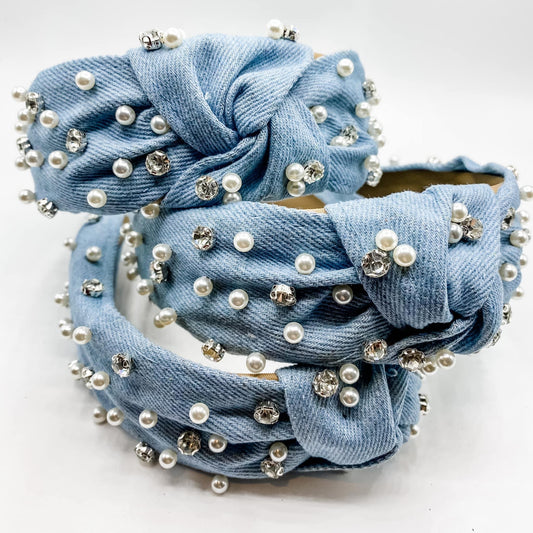 Denim pearl headband