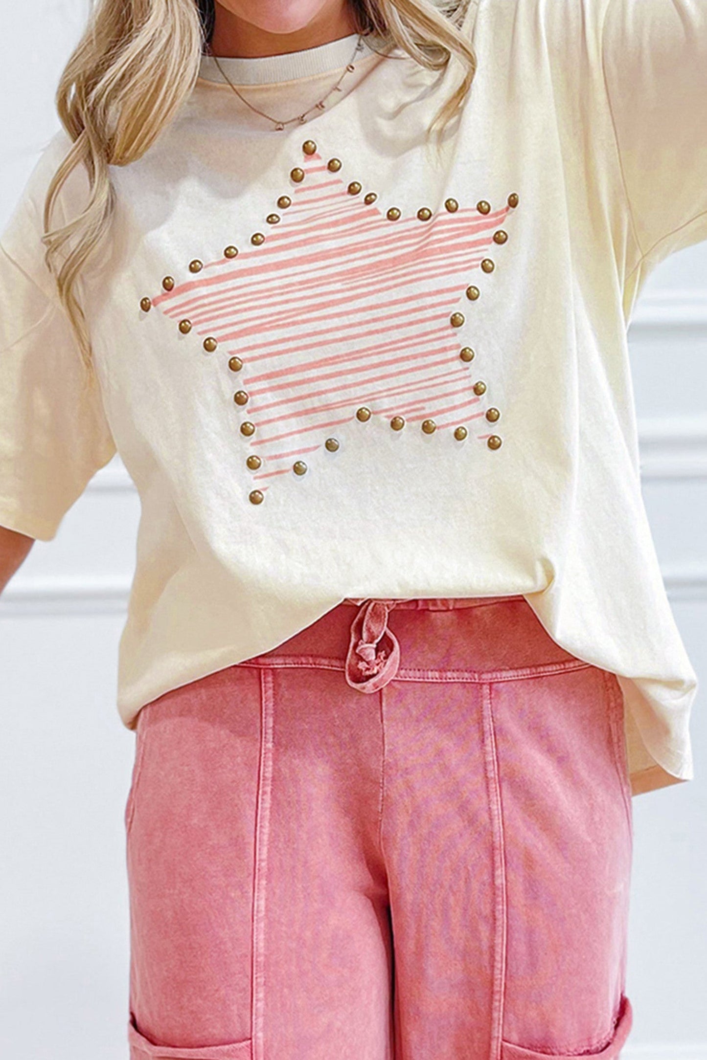 Beige Star Print Stud Top