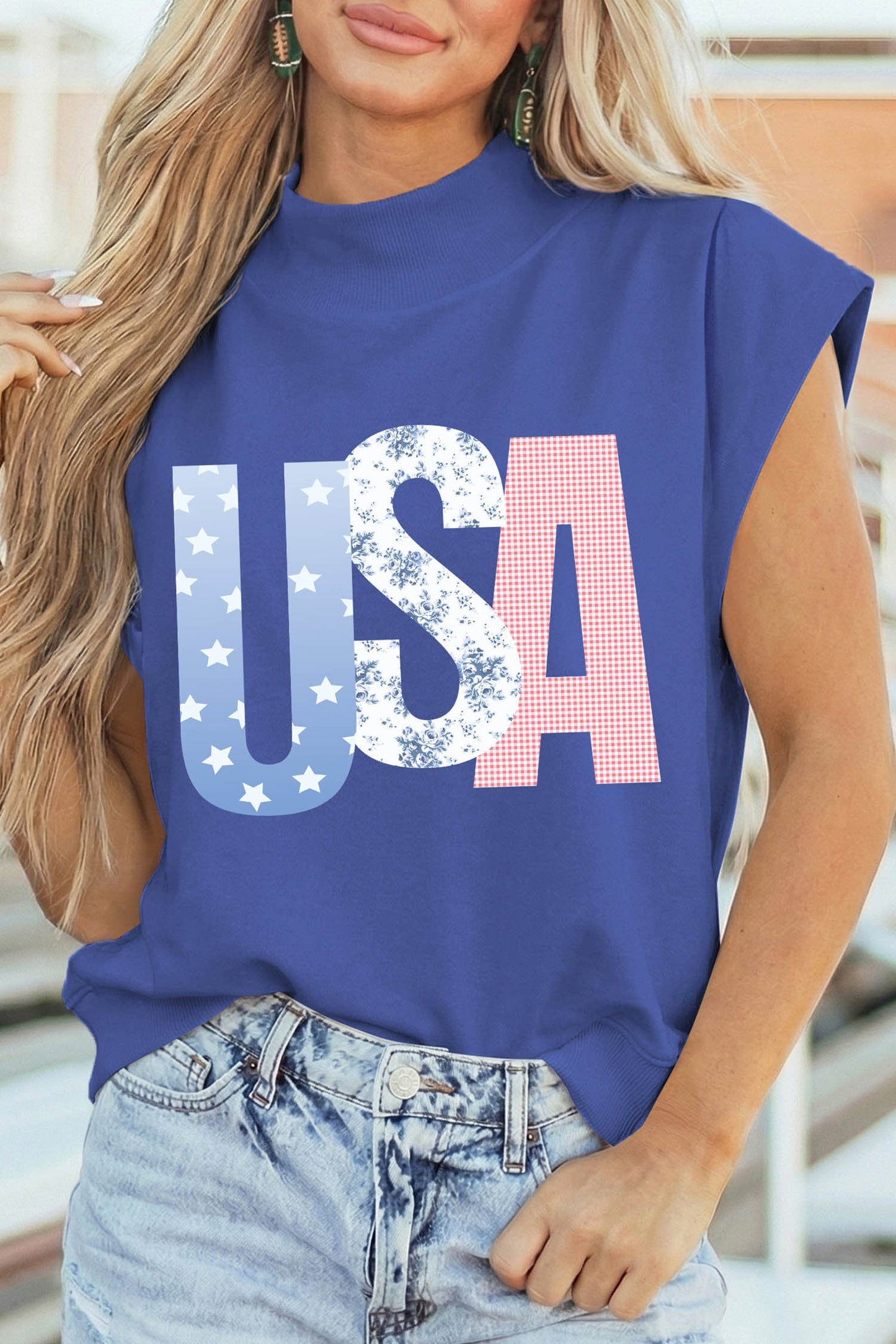 Blue Mixed Pattern USA Mock Neck
