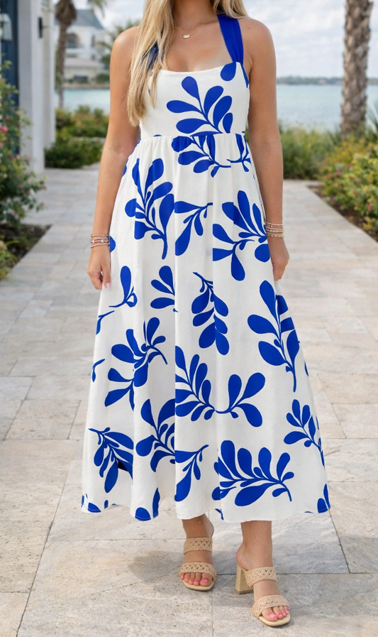 Blue Floral Tie Back Dress RTS