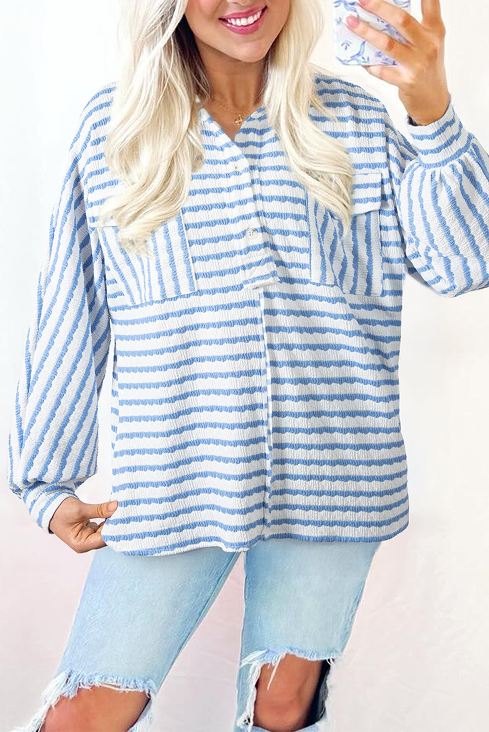 Blue Stripe Buttoned Pocket Blouse FB