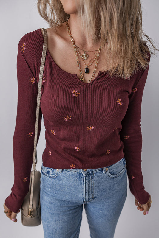 Burgundy Notched Floral Top LT