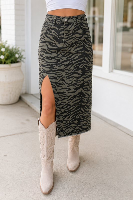 Patterned Denim Split Skirt RTS