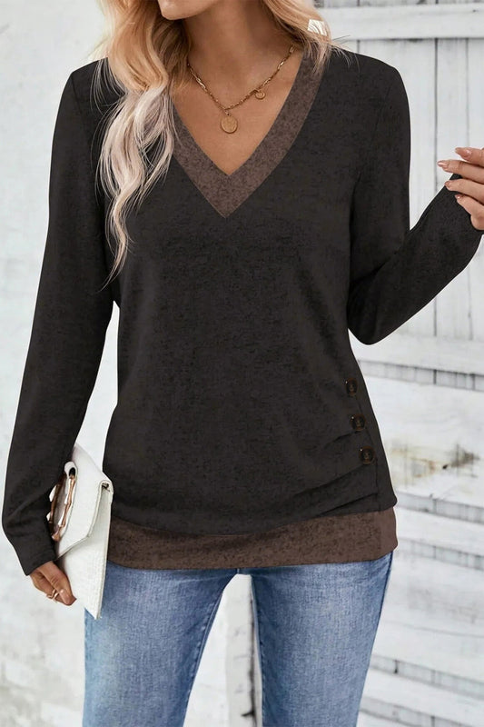 Colorblock Trim V Neck Top FB