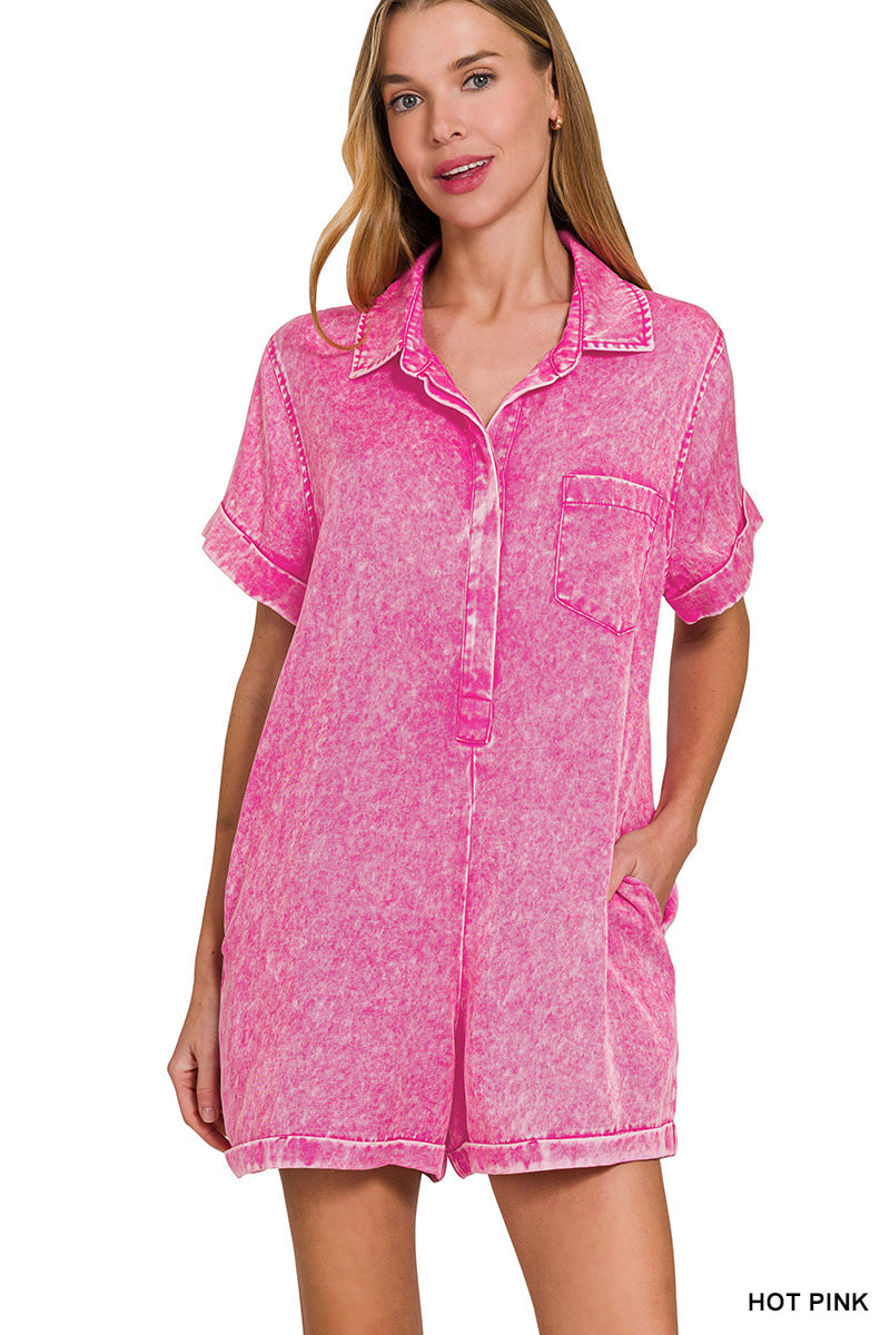 Mineral Wash Half Button Romper Zenana RTS
