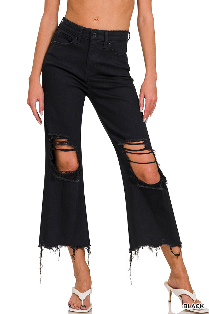 Distressed-Knee Crop Pants Zenana RTS