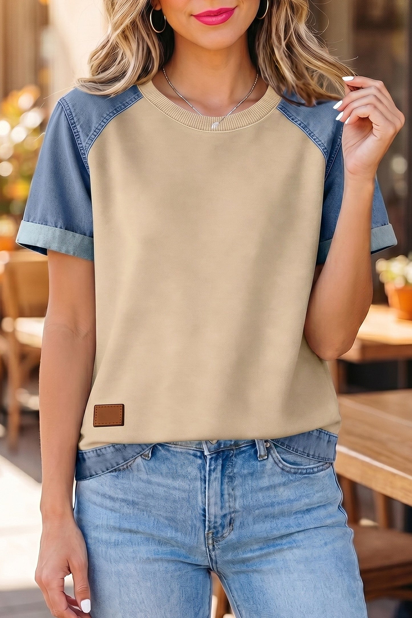 Denim Patchwork Round Neck Top