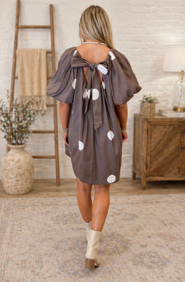 Brown Polka Dot Knot Back Mini Dress RTS
