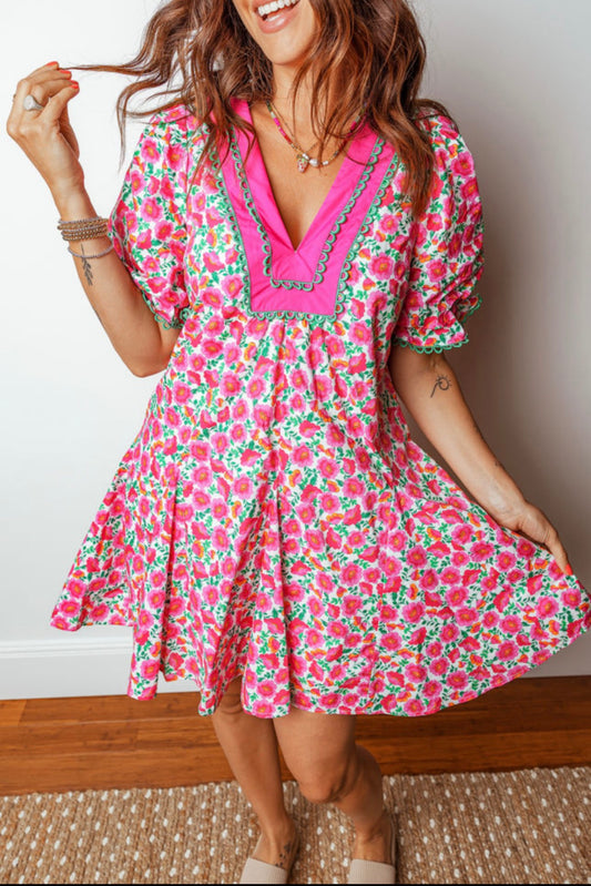 Pink Floral Bubble Mini Dress