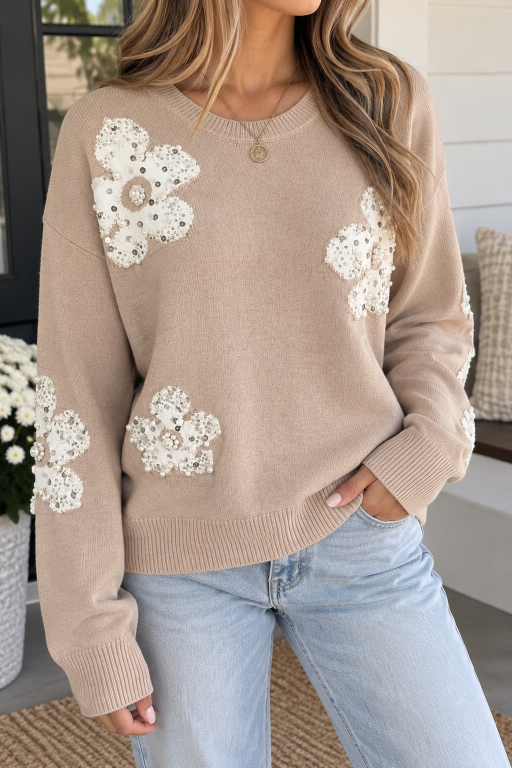 Gray Beaded Floral Sweater